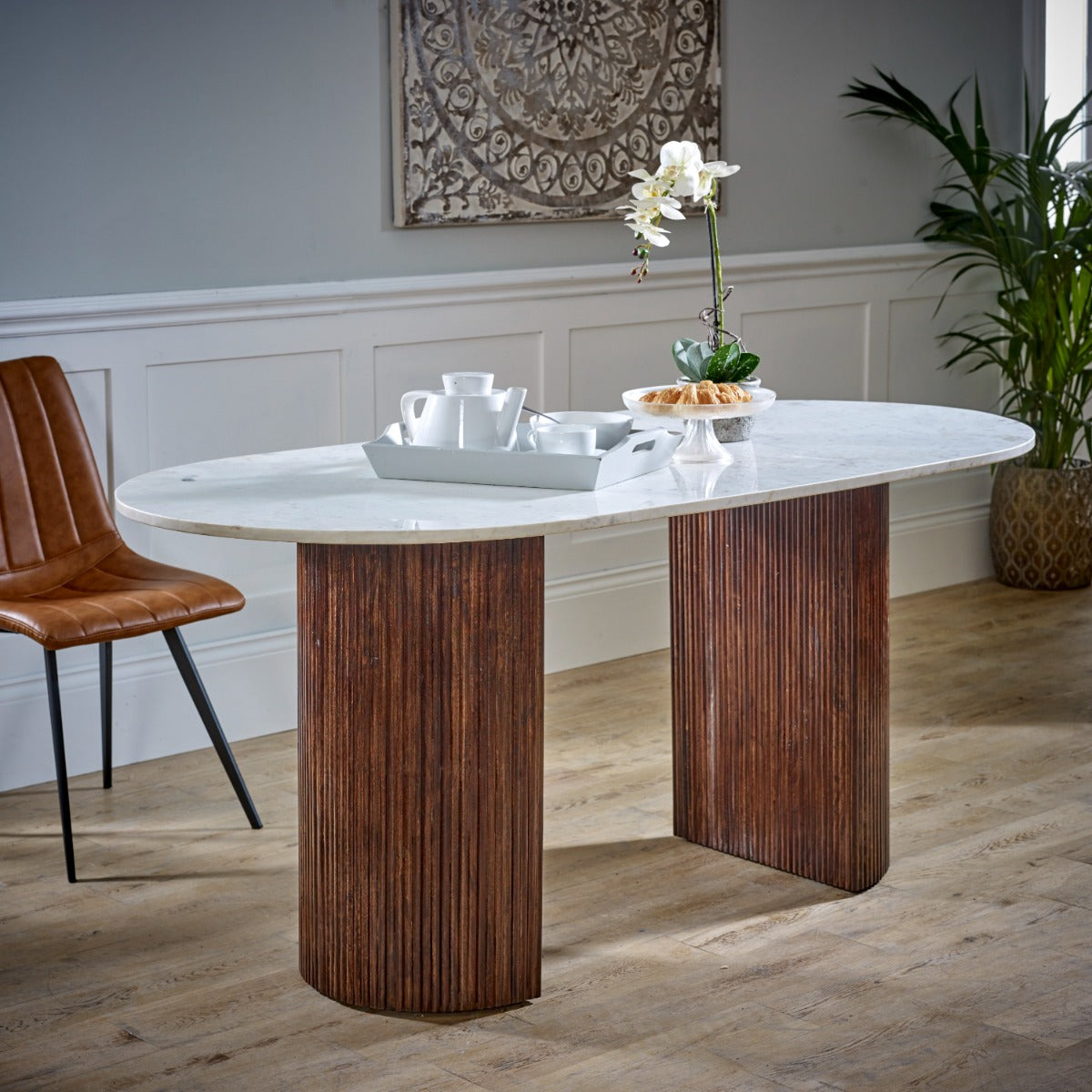 Opal mango wood dining table with a natural marble top