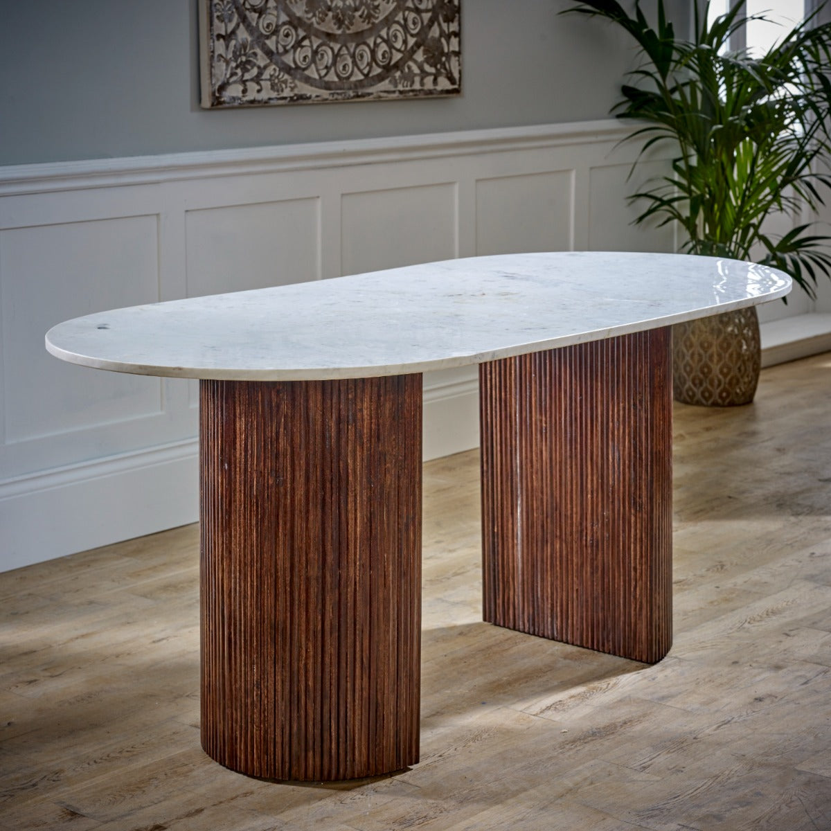 Opal mango wood dining table with a natural marble top