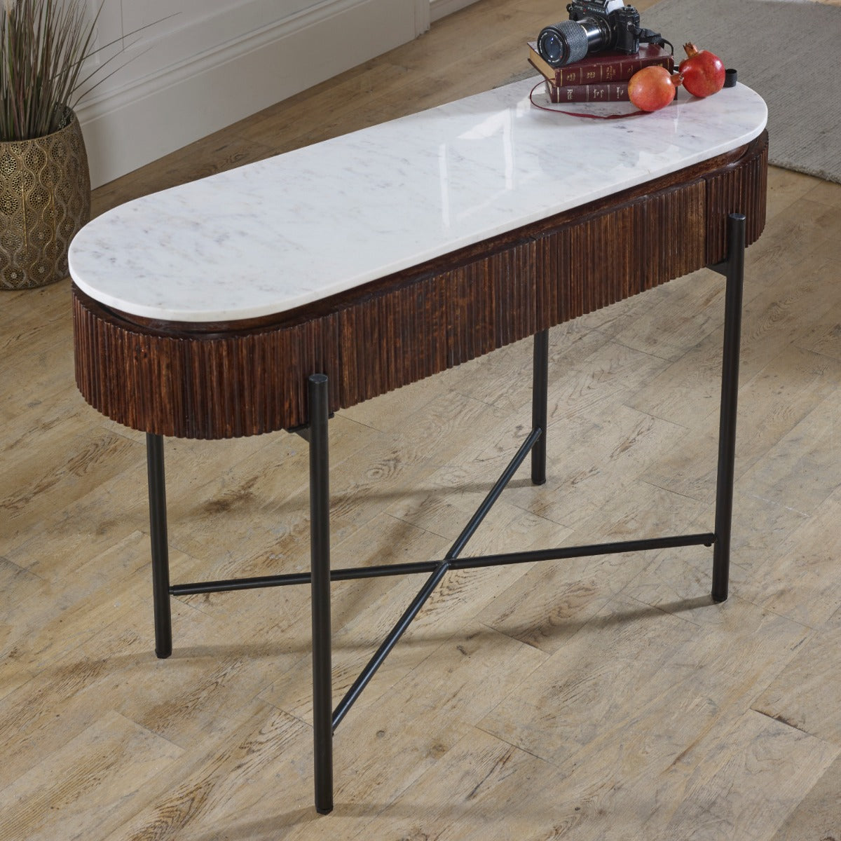Opal console table made of mango wood with marble top and metal legs
