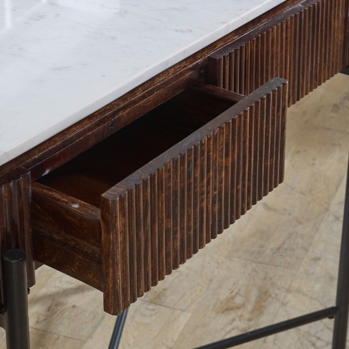 Opal console table made of mango wood with marble top and metal legs