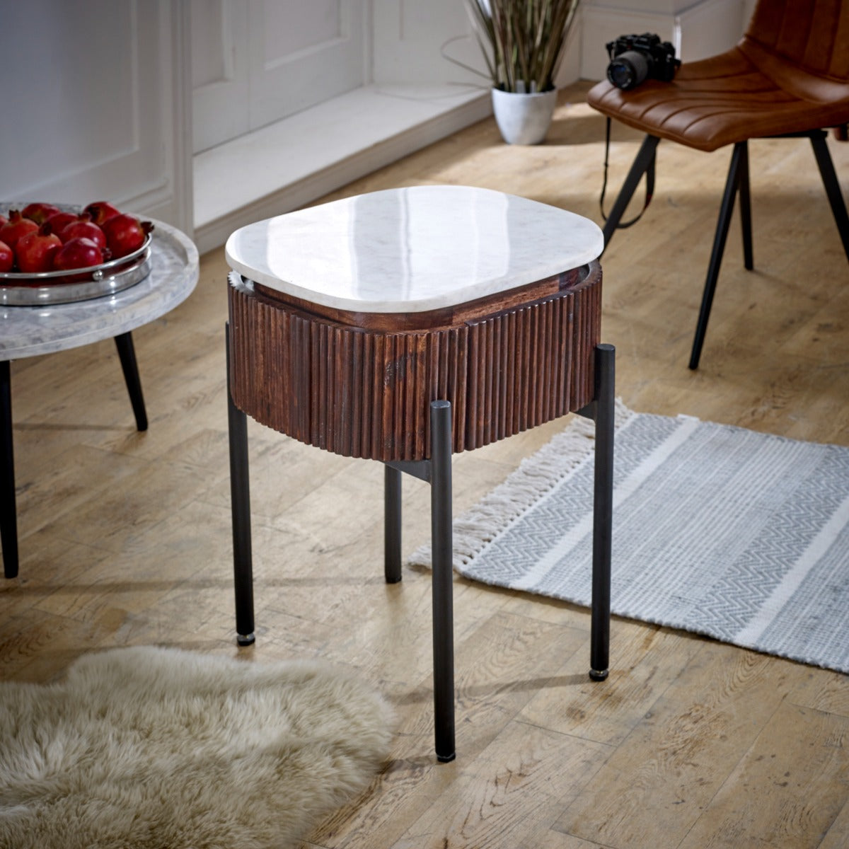 Opal mango wood bedside table with marble top and metal legs