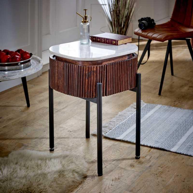Opal Mango Wood Bedside Table With Marble Top & Metal Legs - View 2
