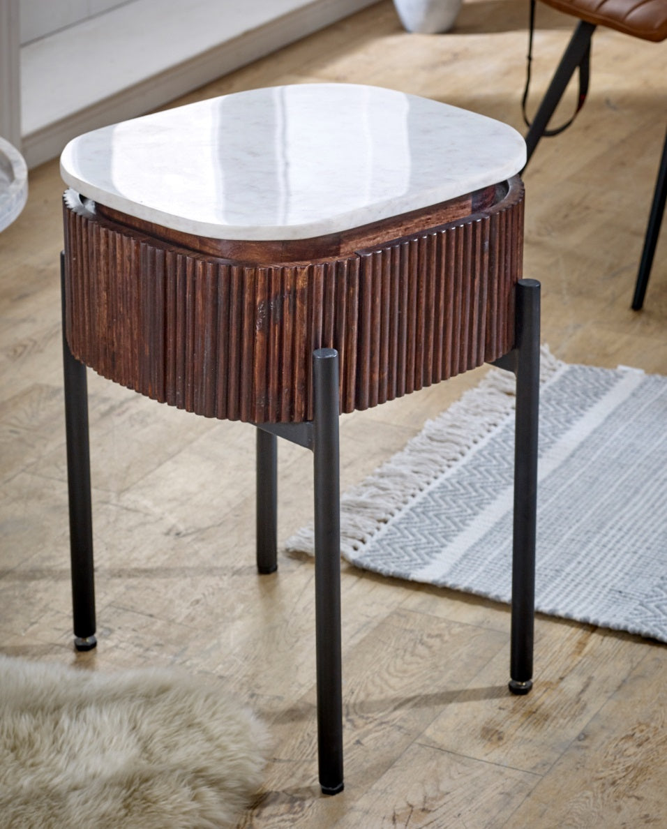 Opal mango wood bedside table with marble top and metal legs