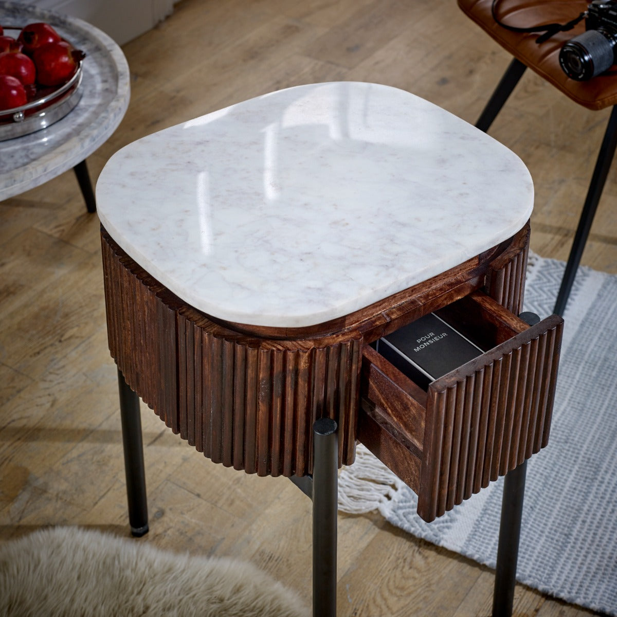 Opal mango wood bedside table with marble top and metal legs