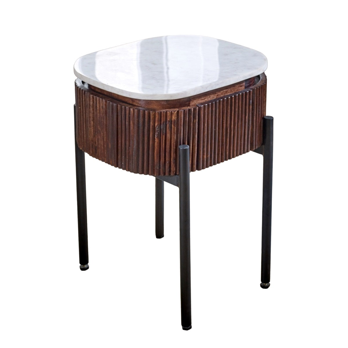 Opal mango wood bedside table with marble top and metal legs