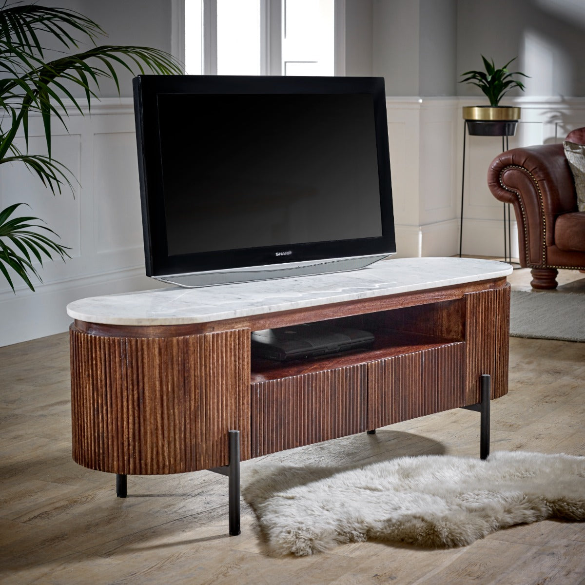 Opal mango wood TV cabinet with marble top and metal legs