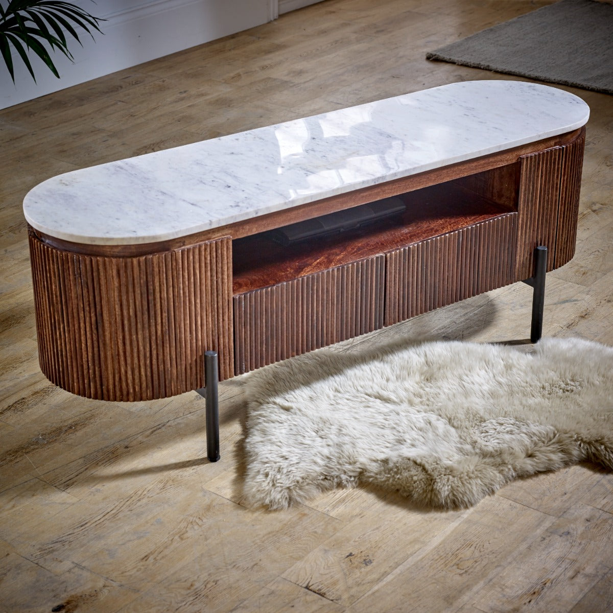 Opal mango wood TV cabinet with marble top and metal legs