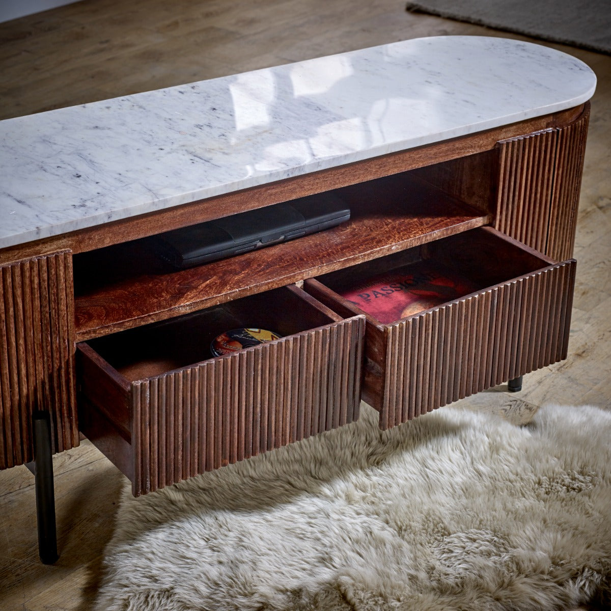 Opal mango wood TV cabinet with marble top and metal legs