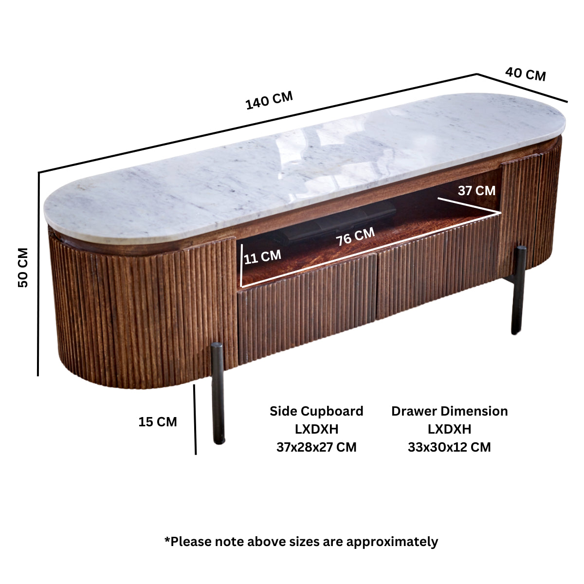 Opal mango wood TV cabinet with marble top and metal legs