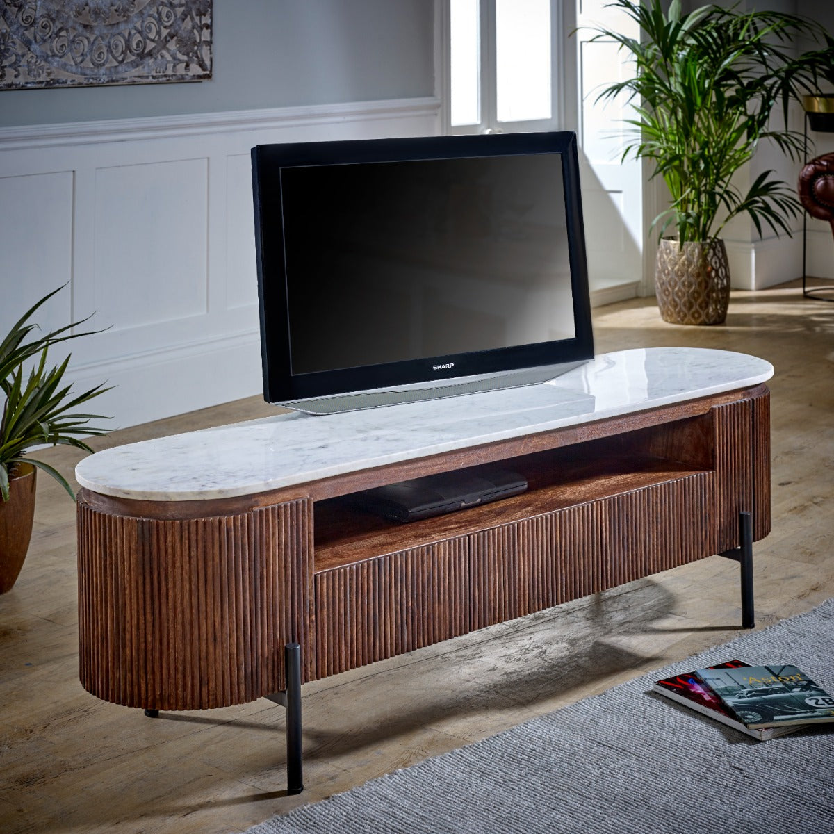 Opal large TV stand made of mango wood with marble top and metal legs