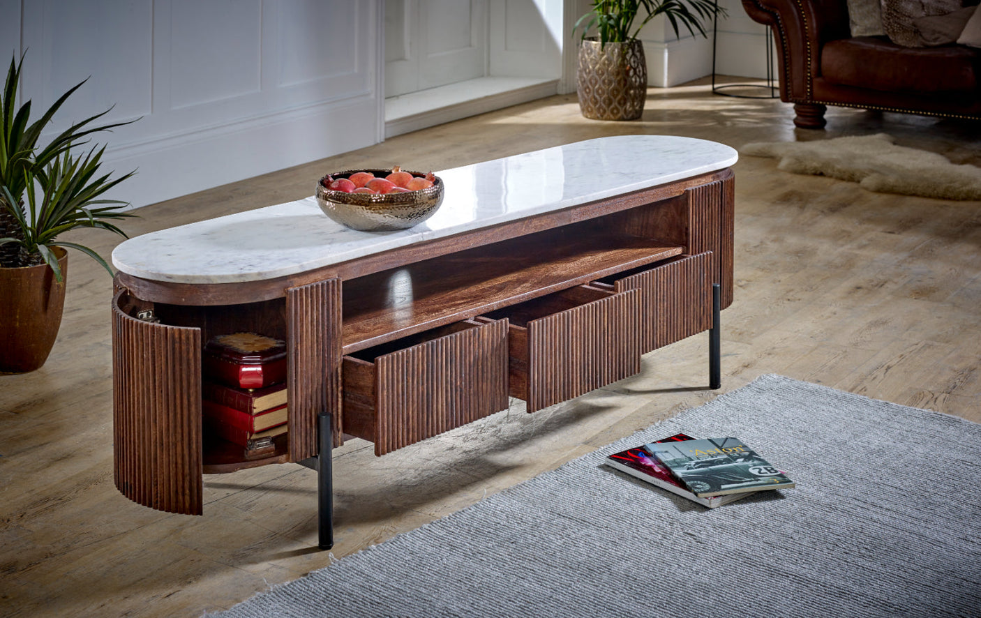 Opal large TV stand made of mango wood with marble top and metal legs