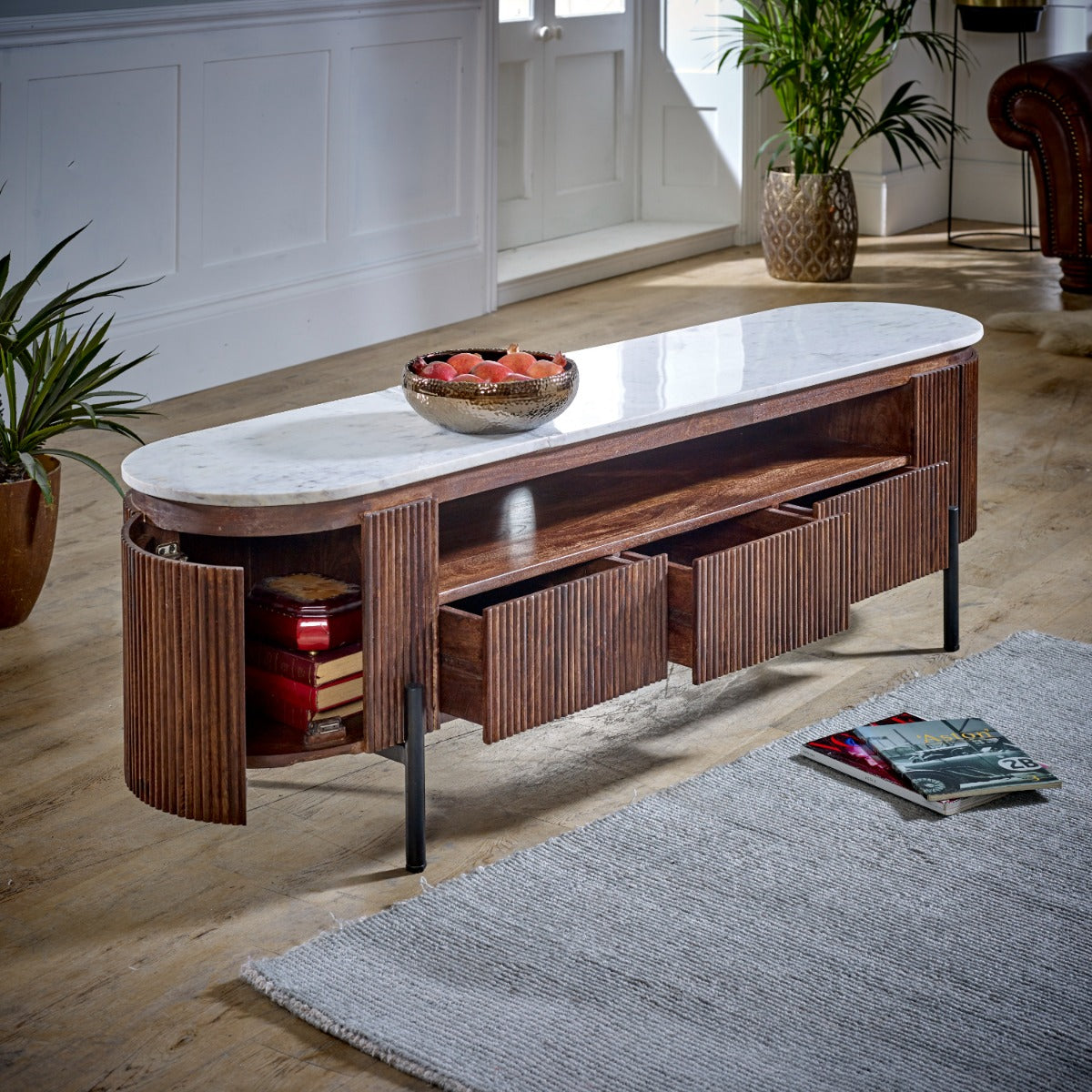 Opal large TV stand made of mango wood with marble top and metal legs