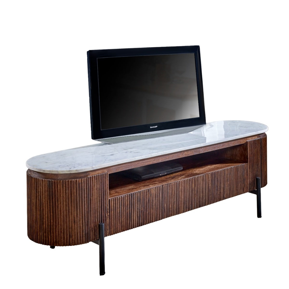 Opal large TV stand made of mango wood with marble top and metal legs
