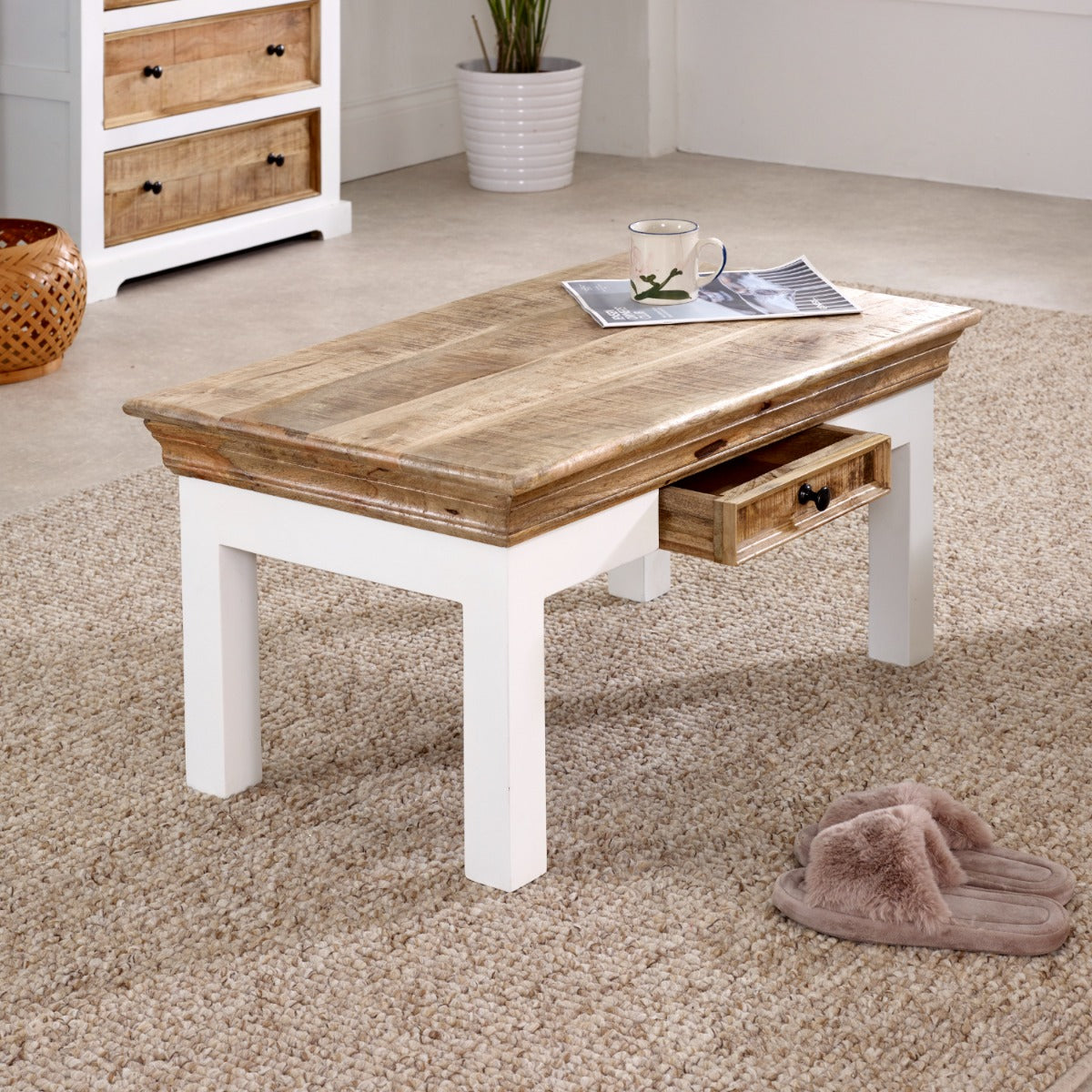 Alfie coffee table in whiteish finish made from solid mango wood