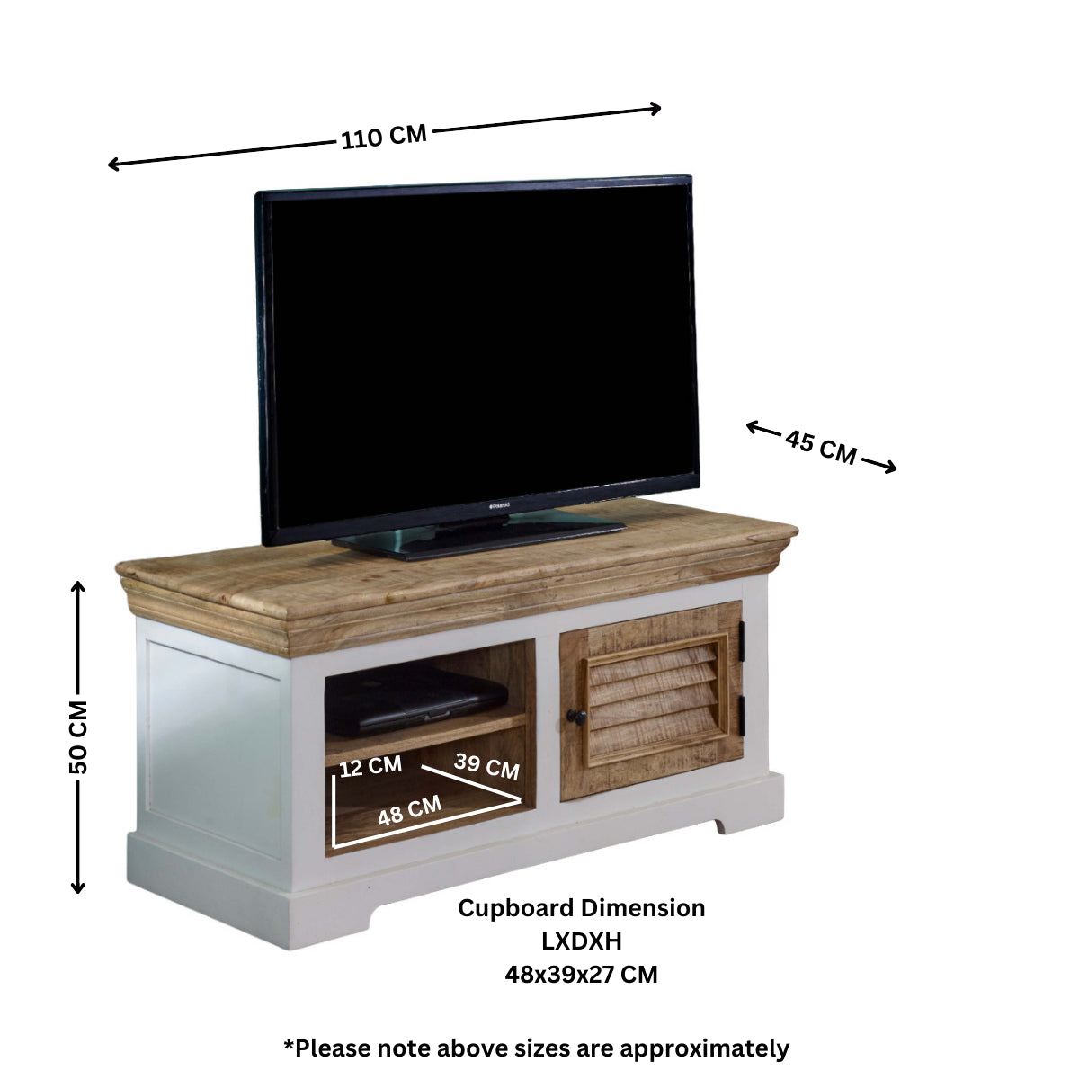 Handcrafted mango wood TV cabinet with open shelves and whiteish finish