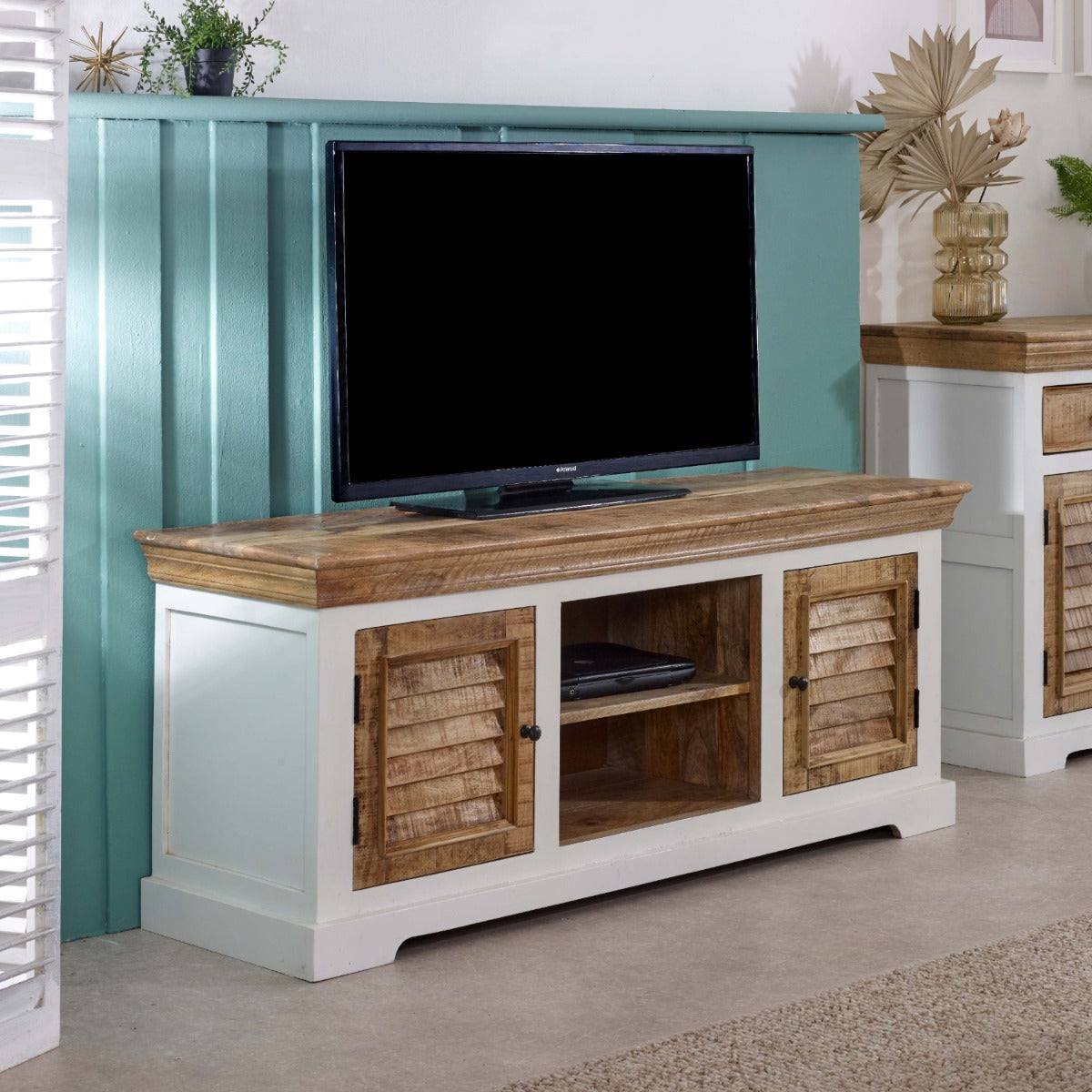 Alfie TV cabinet in solid mango wood with a whiteish finish