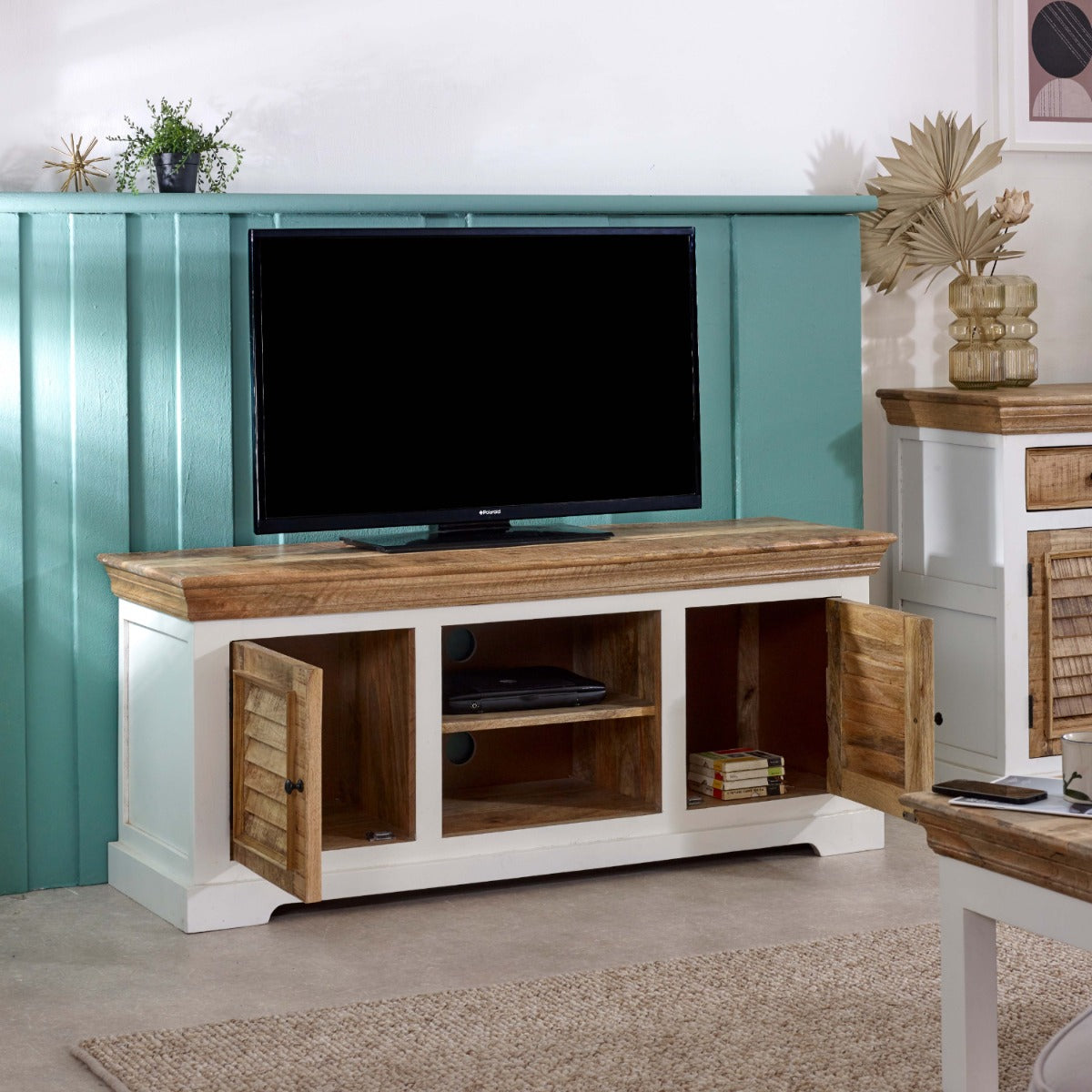 Alfie TV cabinet in solid mango wood with a whiteish finish
