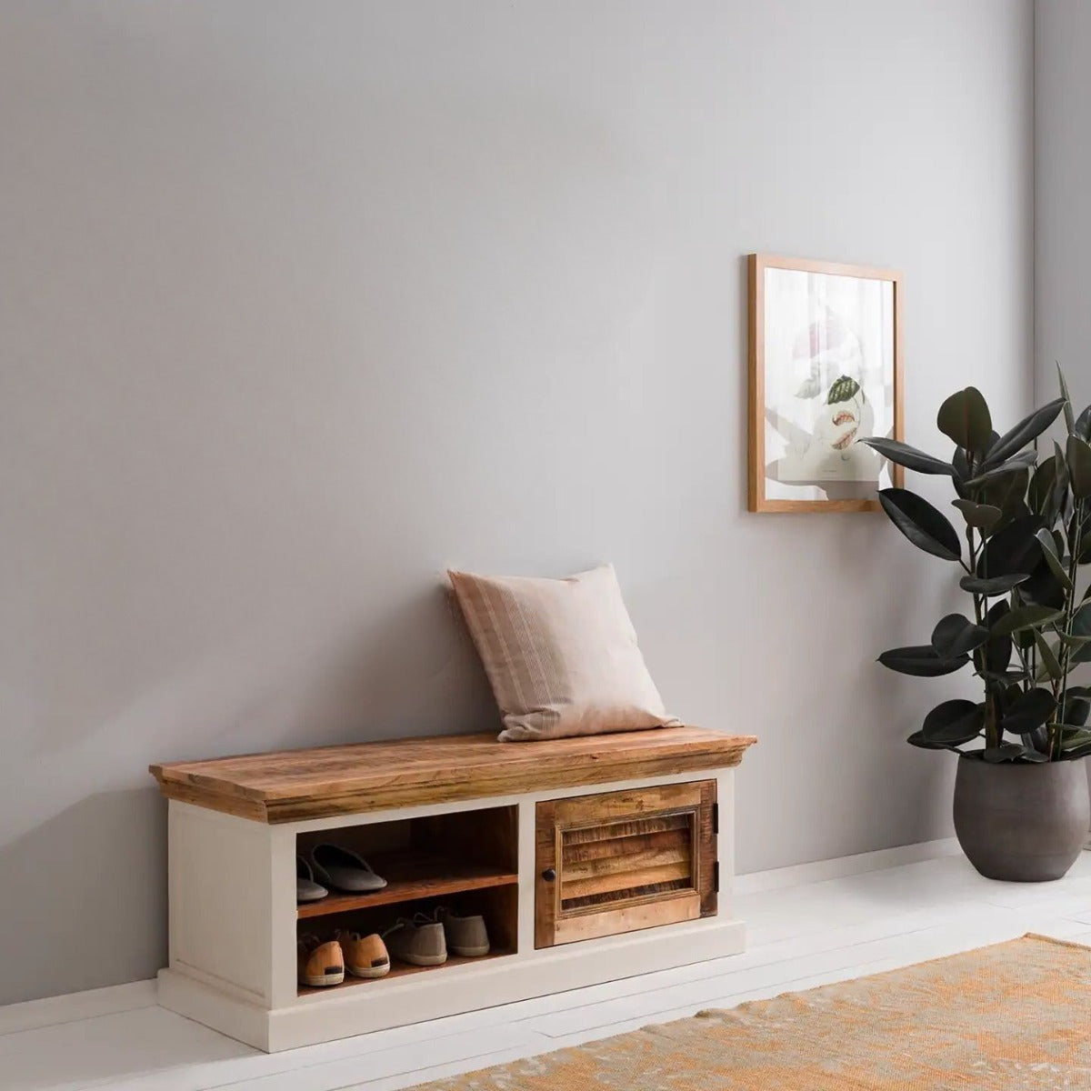 Alfie Wood Shoe Rack in handcrafted mango wood with a whiteish finish