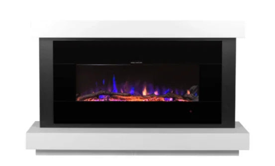 Contemporary electric fireplace with black glass front and white mantel, LED flame effect