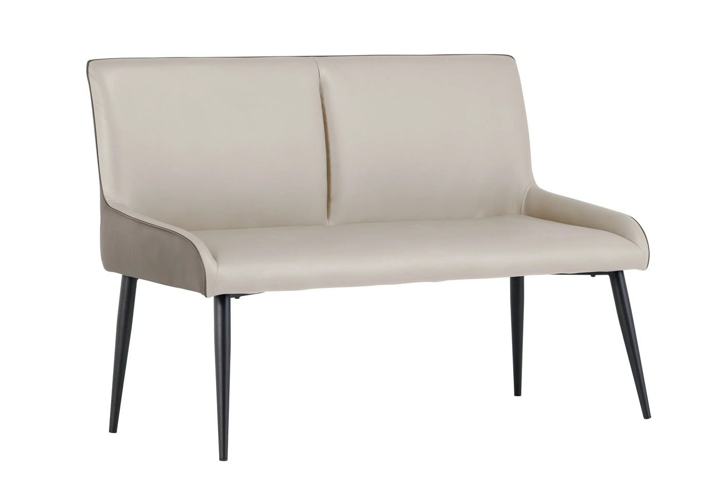 Beige faux leather bench with slim black metal legs, suitable for dining or hallway seating