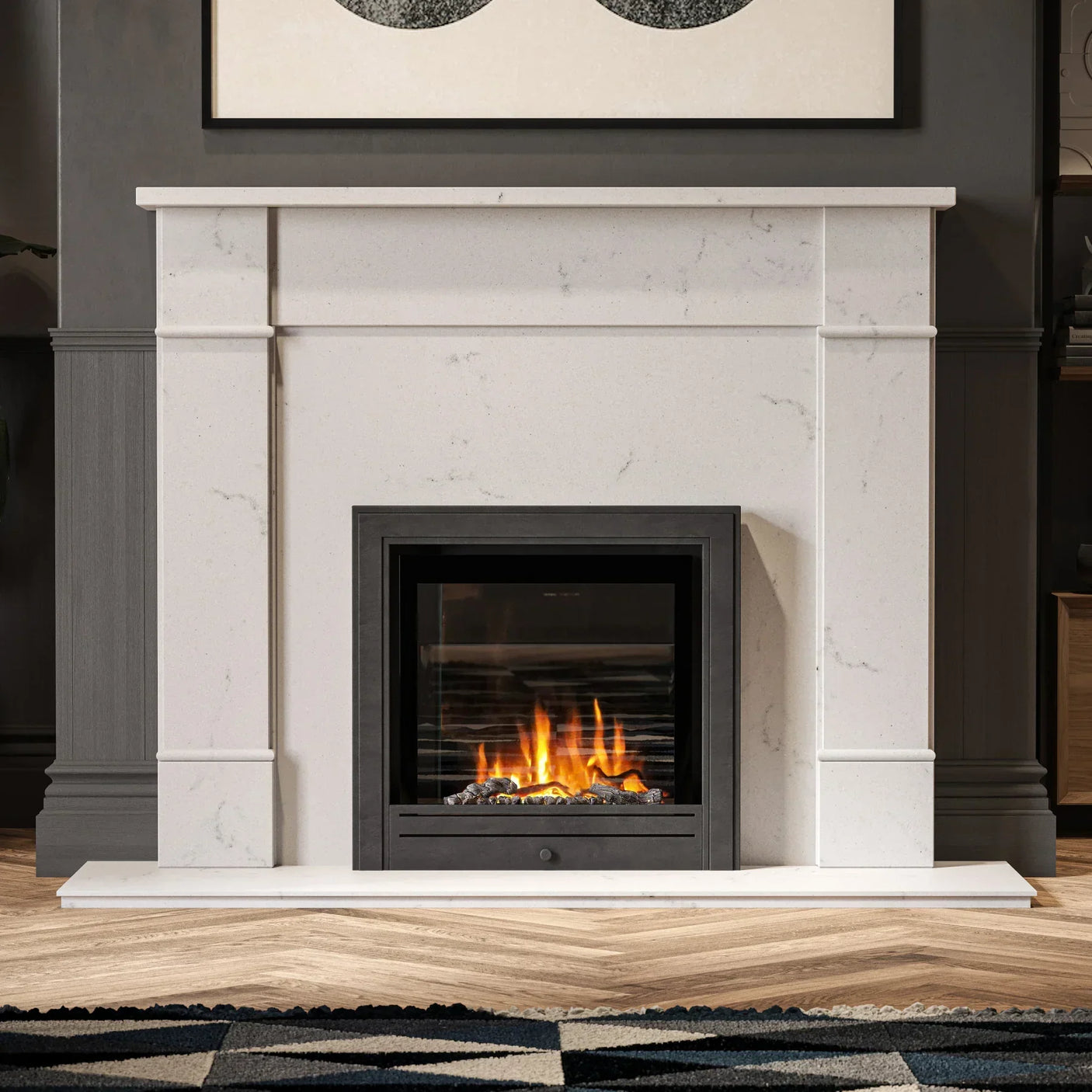 White marble fireplace surround with black metal trim and built-in electric fire
