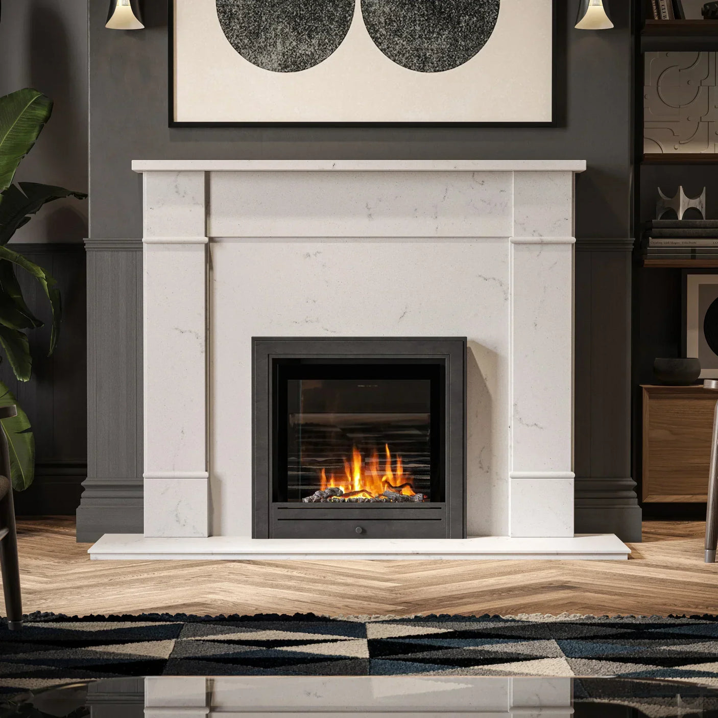 White marble fireplace surround with black metal trim and electric fire in modern living room