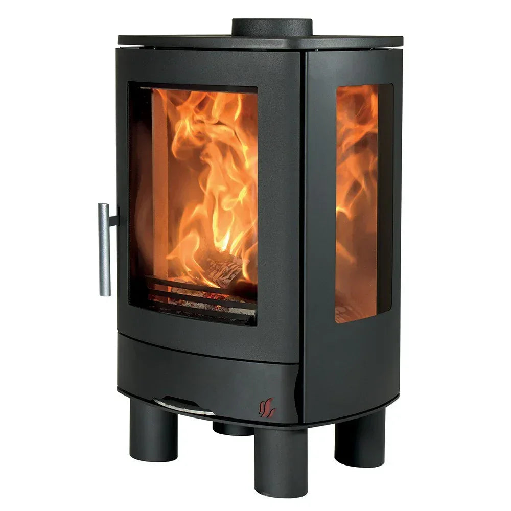 Black wood burning stove with glass door and side panel showing flames inside