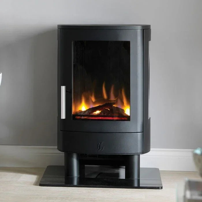 Black electric stove heater with glass front showing realistic flame effect, modern design