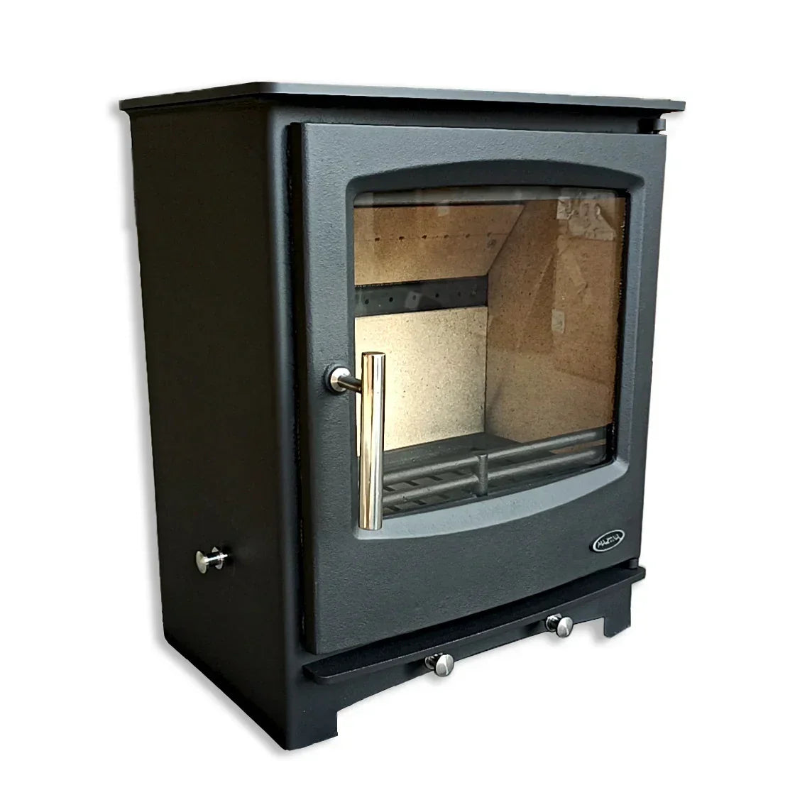 Black eco wood burning stove with glass door and silver handle, angled front view