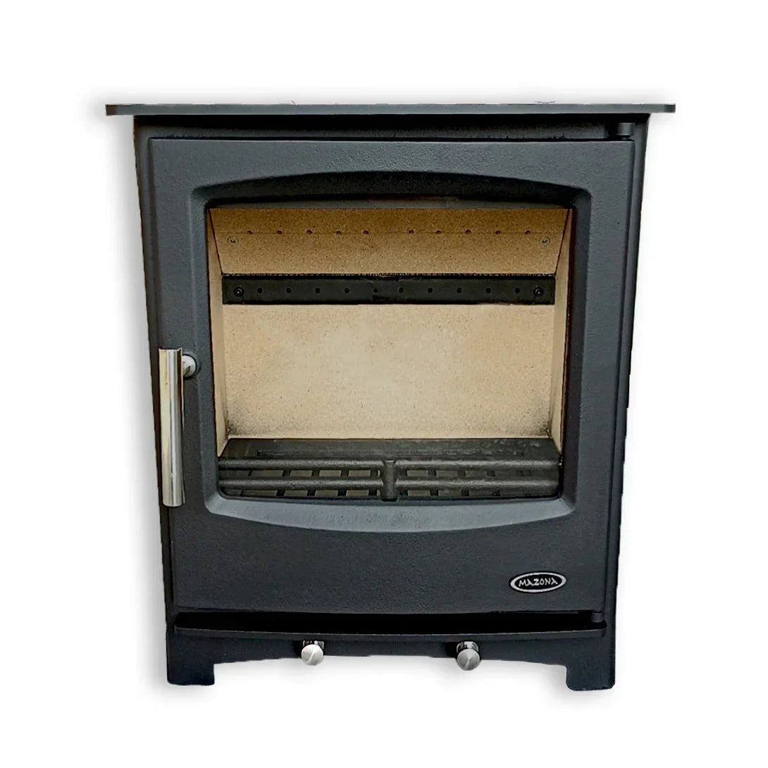Black eco wood burning stove with glass door and metal handle, front view