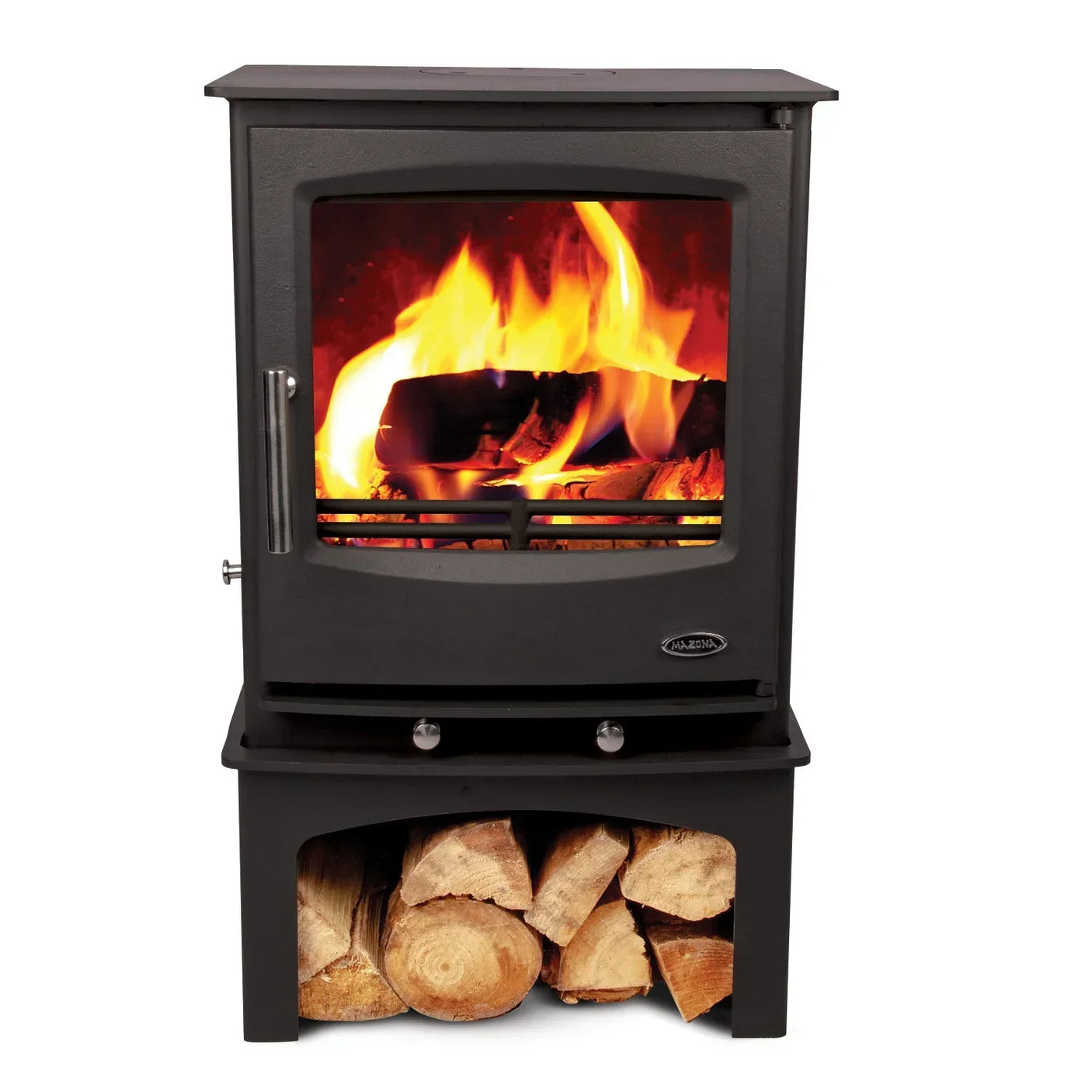 Black wood burning stove with fire, log storage compartment filled with firewood