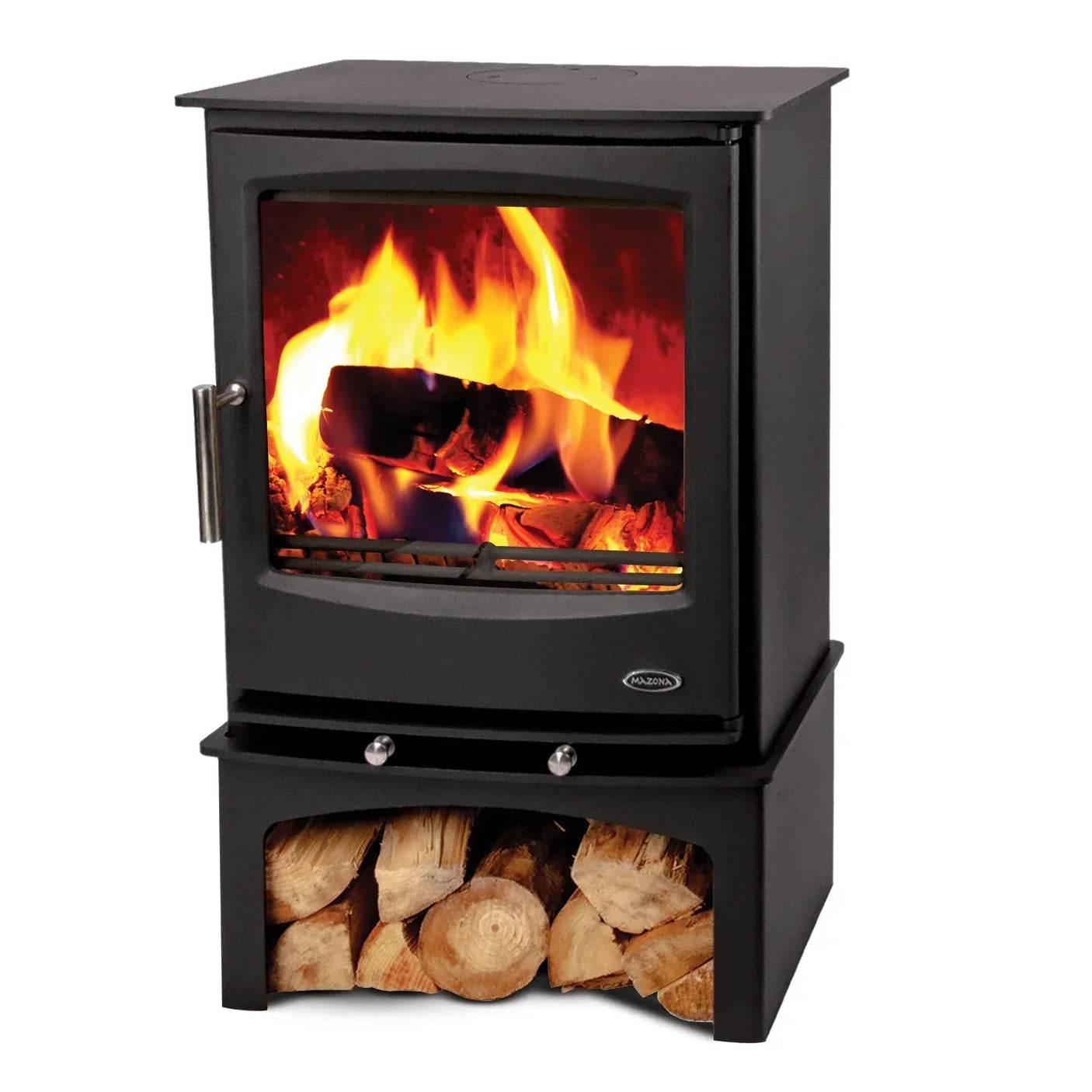 Black log burner stove with fire burning, angled view, wood storage compartment below