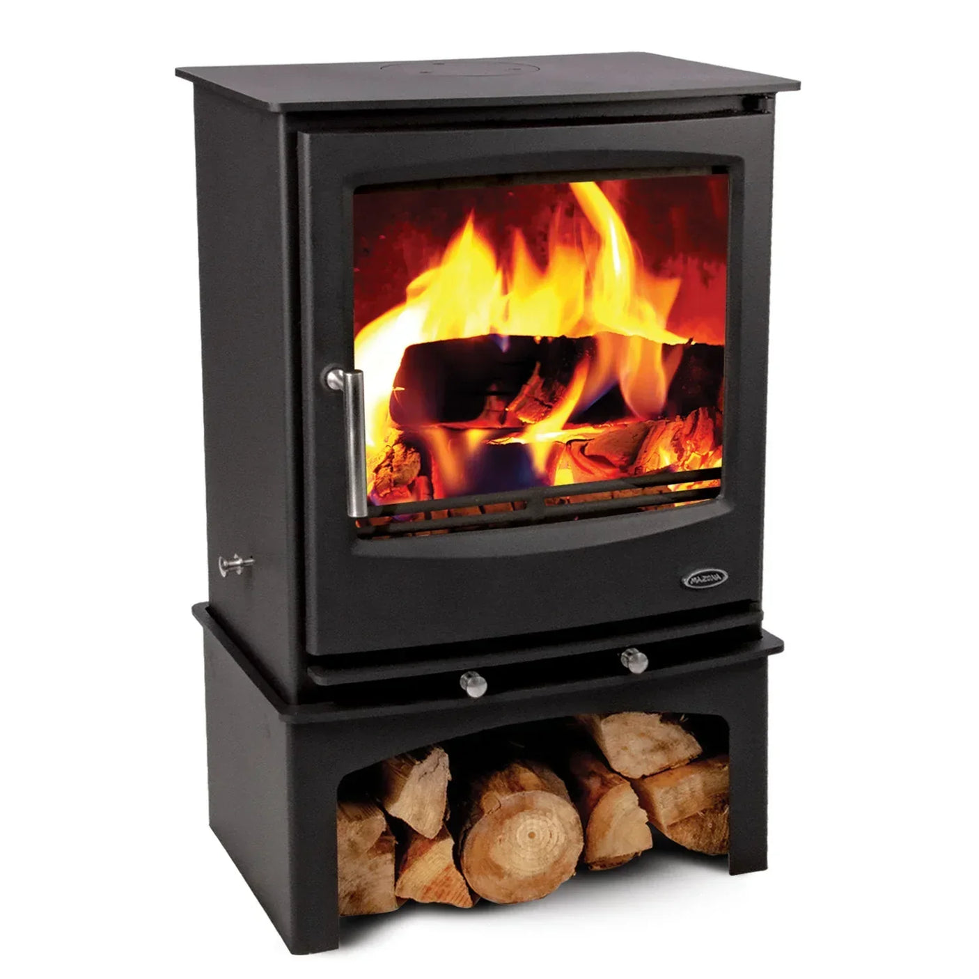 Black log burner stove with glass door showing fire and log storage compartment below