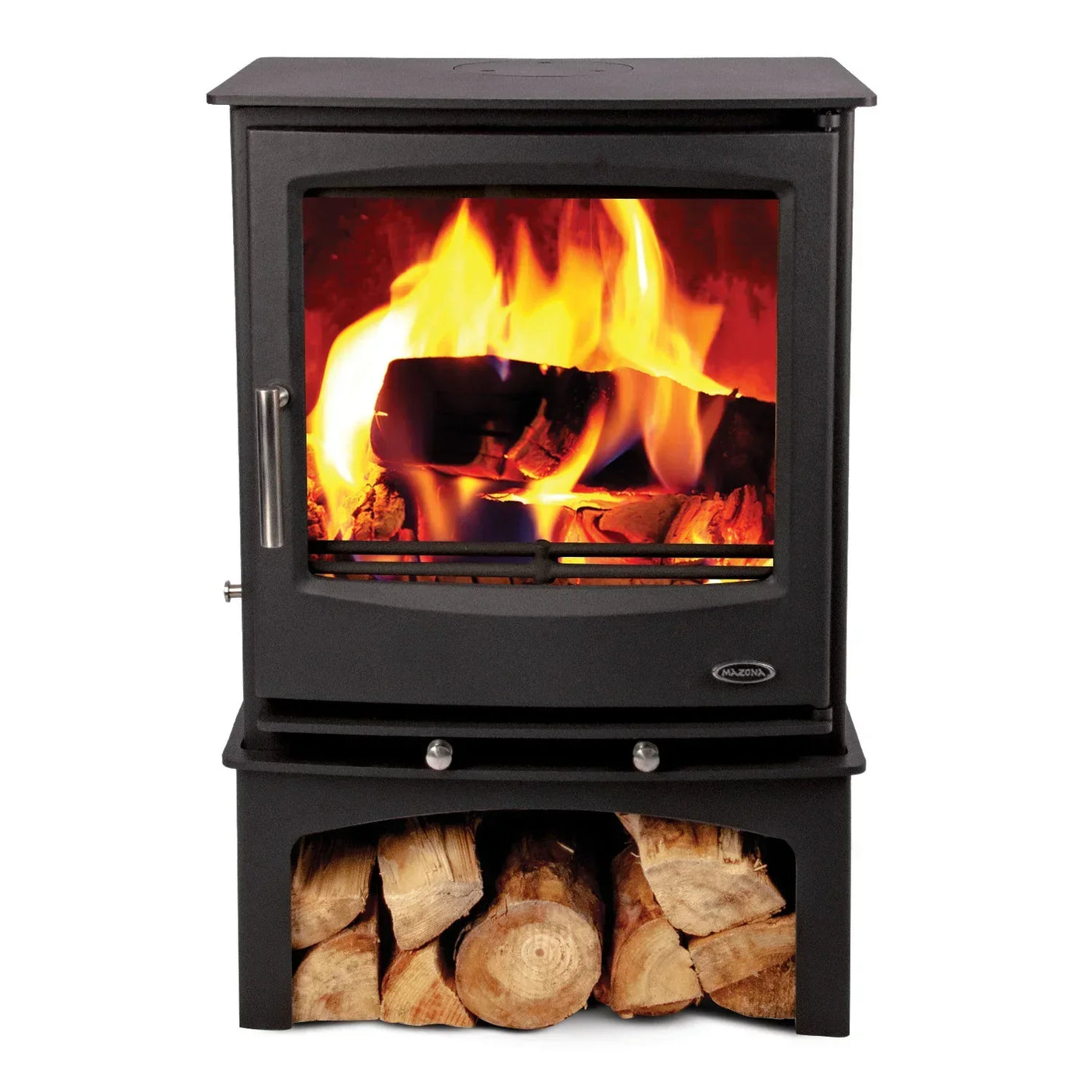 black wood burning stove with visible flames and log storage compartment beneath