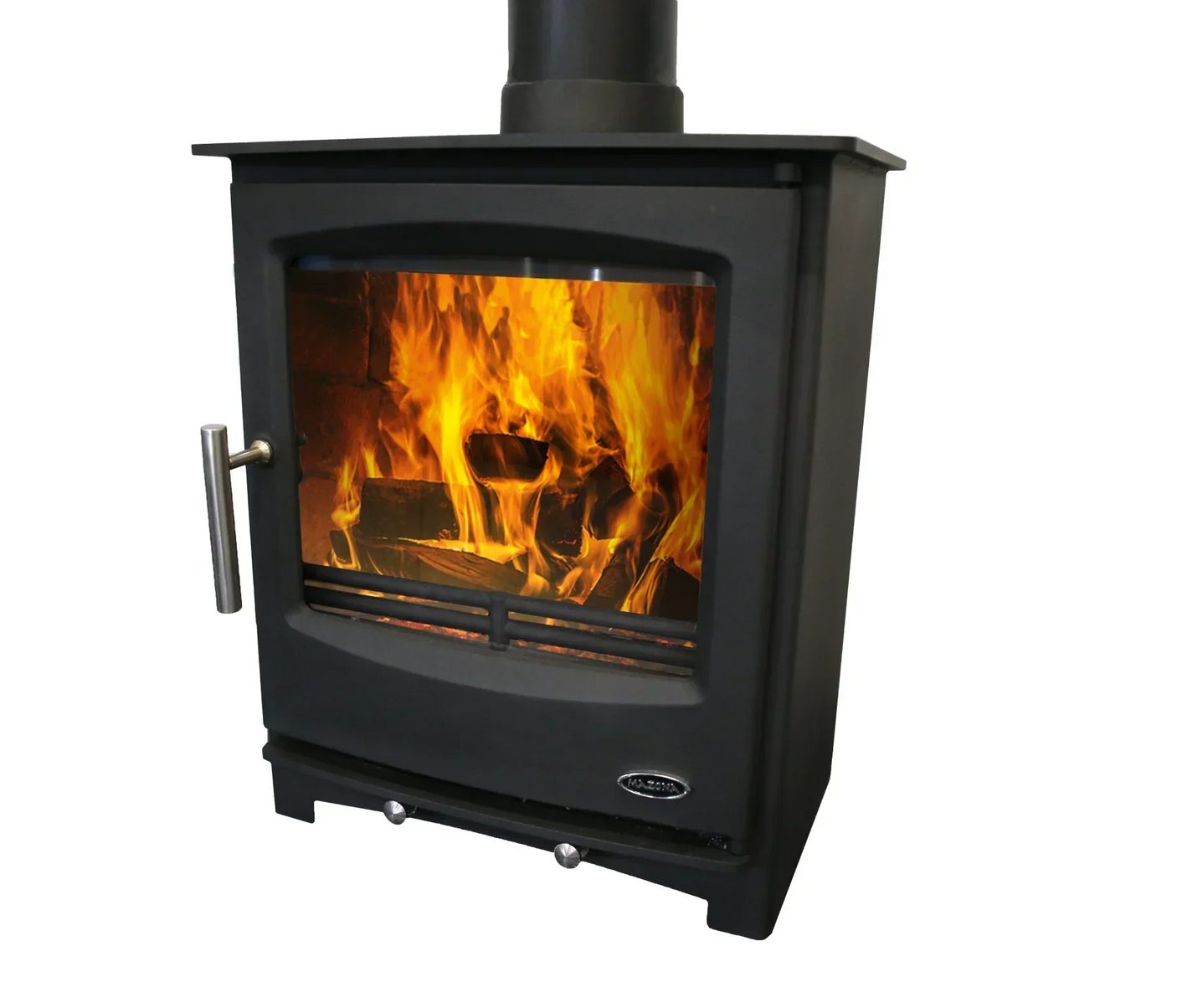 Black wood burning stove with visible fire and stainless steel handle