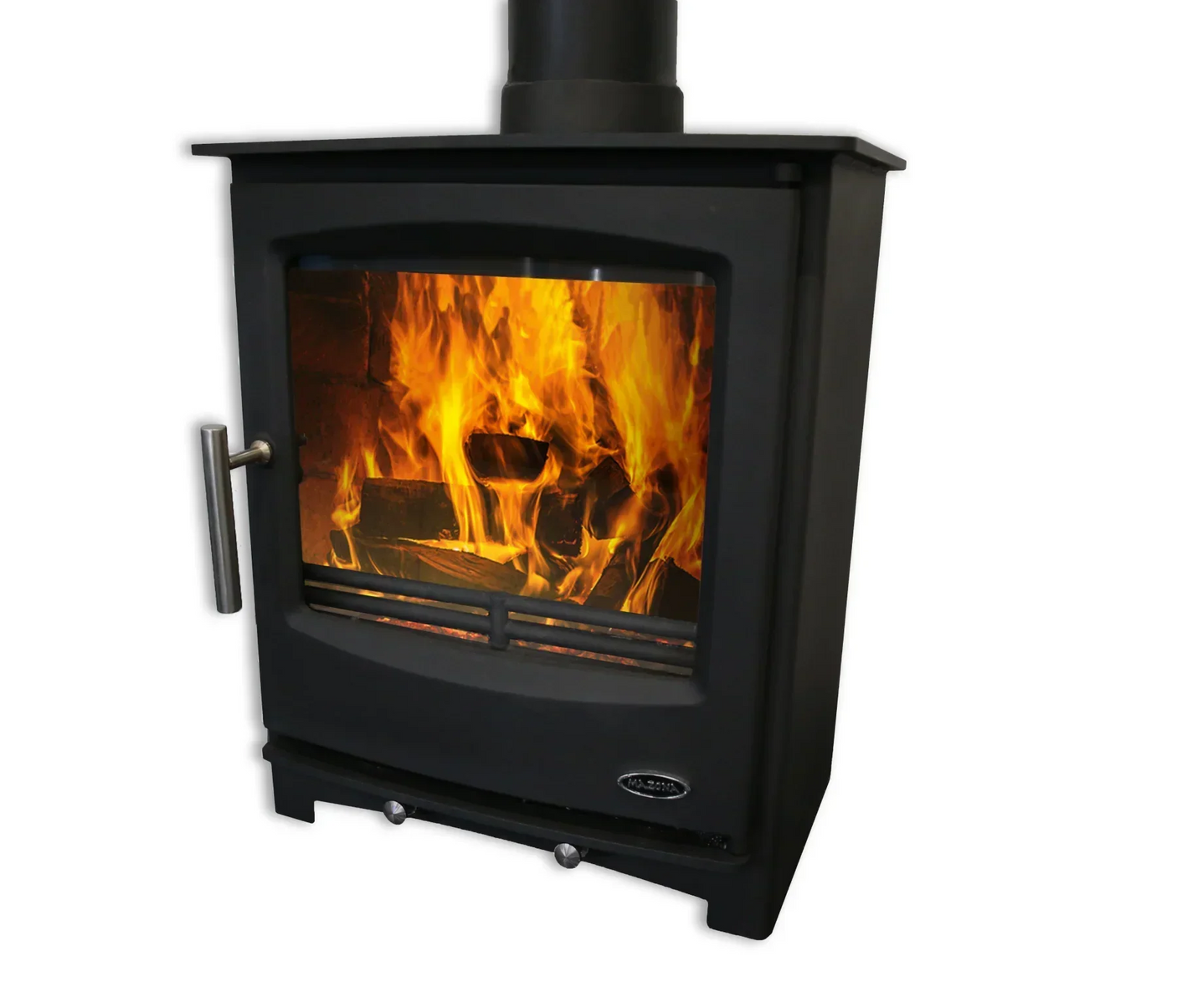 Black wood burning stove with glass door showing active fire and silver handle