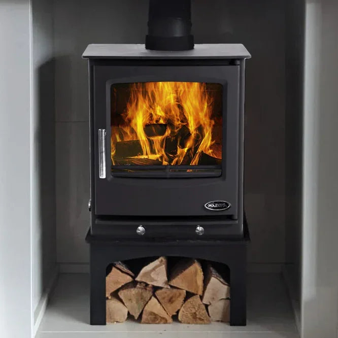 Black Newport rye wood burning stove with fire and log store underneath