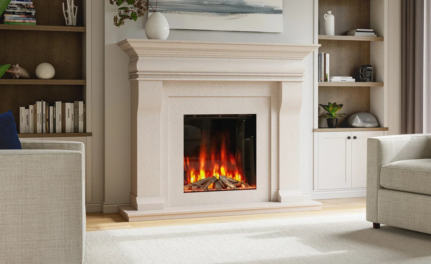 Modern cream stone fireplace with electric fire in stylish living room setting