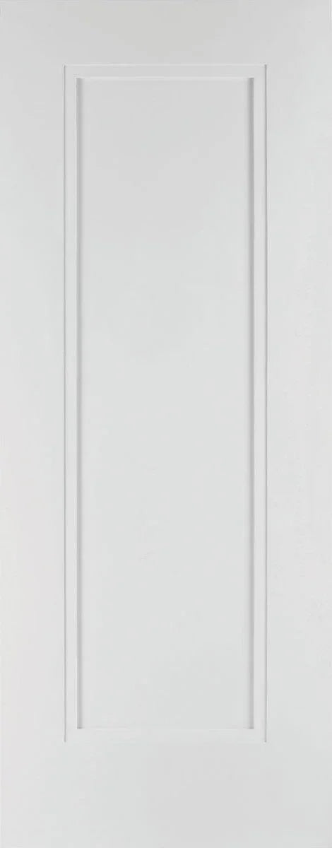 White primed interior door with single rectangular panel, modern minimalist design
