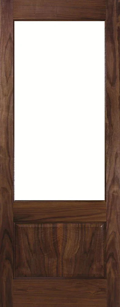 Walnut interior door with large central glass panel and solid wood bottom section