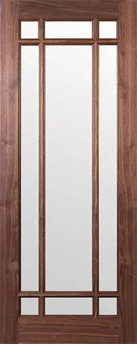 Walnut internal door with vertical glass panels and geometric wooden detailing