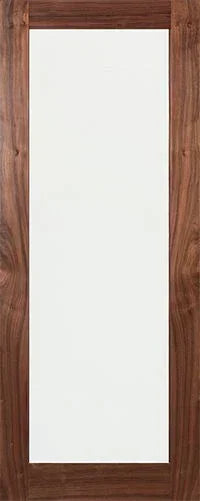 walnut interior door with white panel and wood grain finish, front view