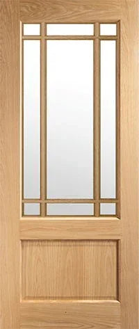 Oak interior door with clear glass panels and geometric wooden bars