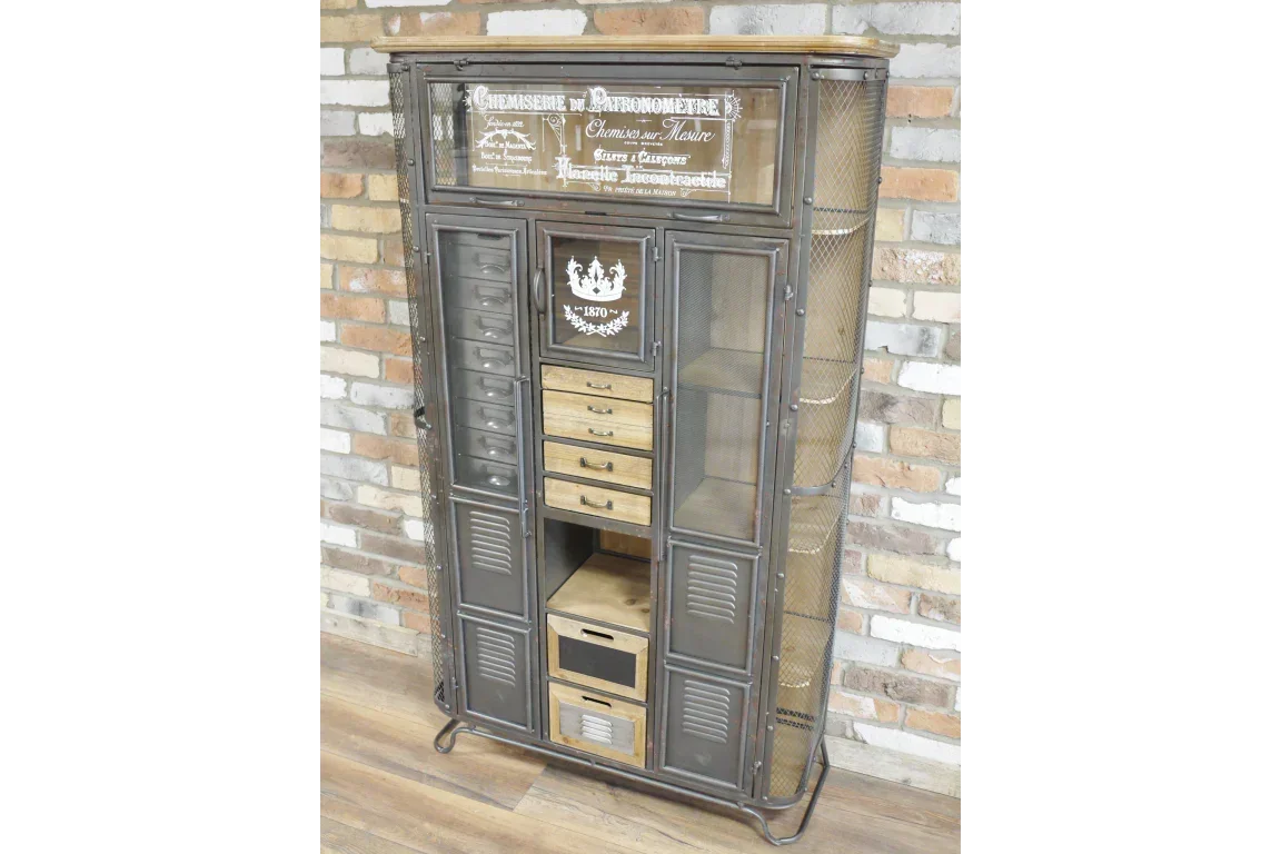 Industrial metal storage cabinet with mesh doors, wood drawers and shelving unit
