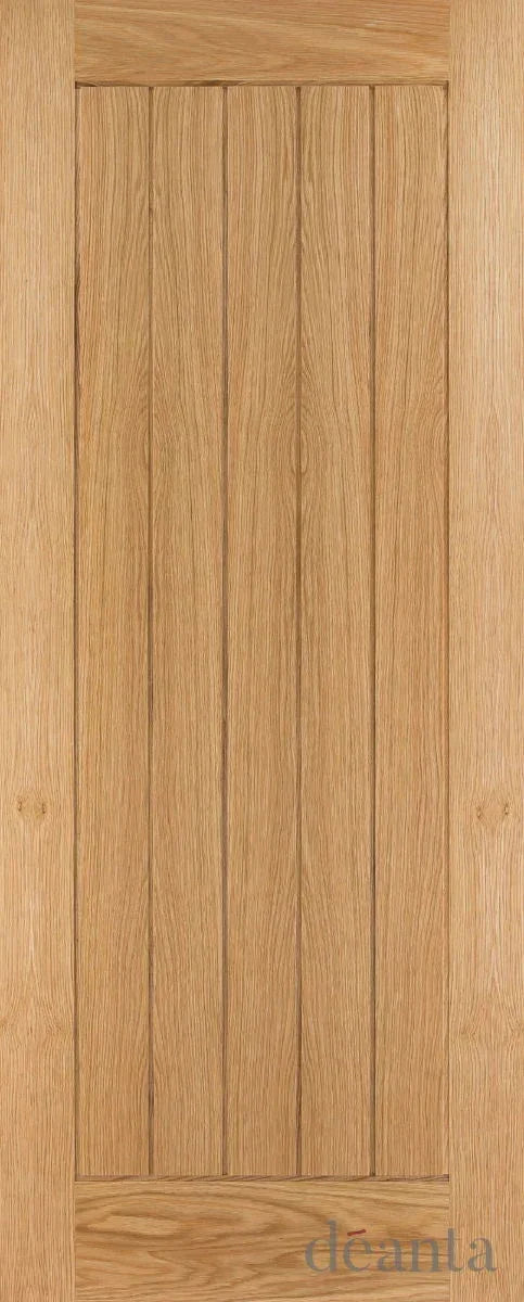 oak internal door with four vertical panels and natural wood grain finish