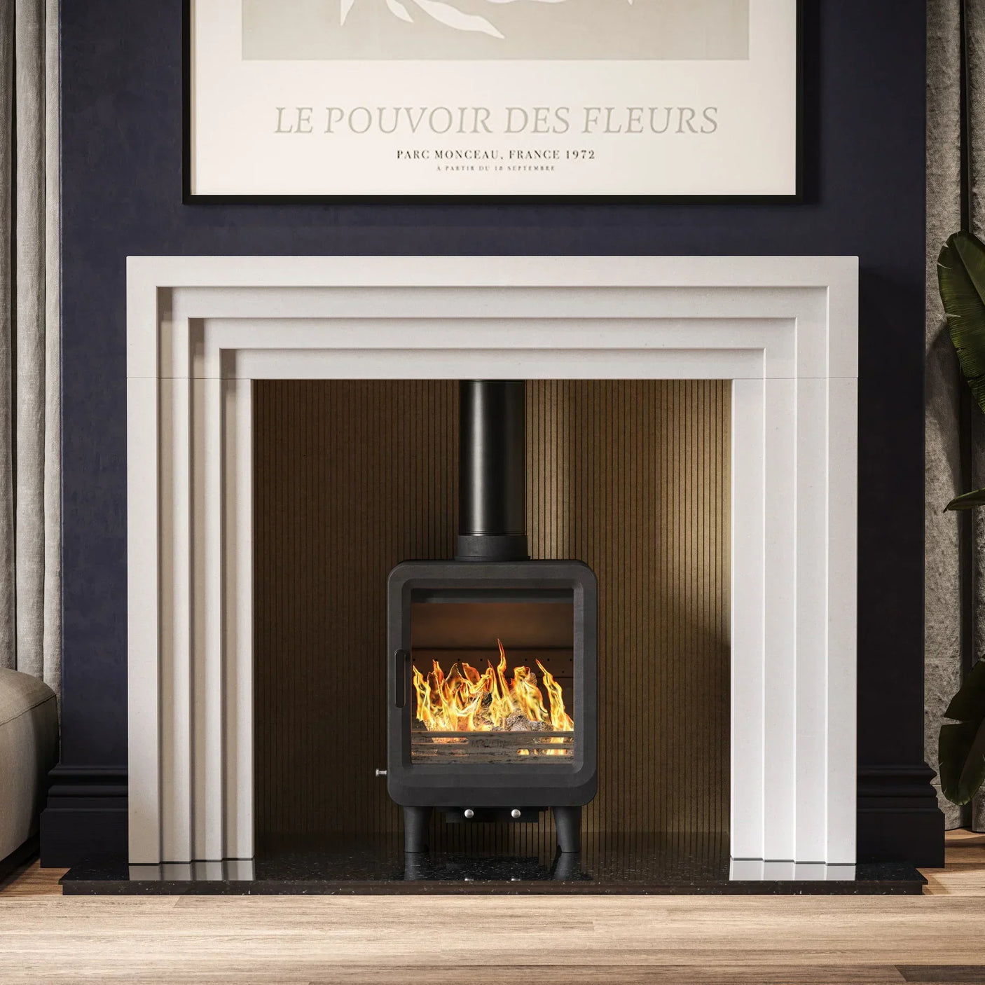Obsidian Polar White fireplace with square surround and modern black wood burner