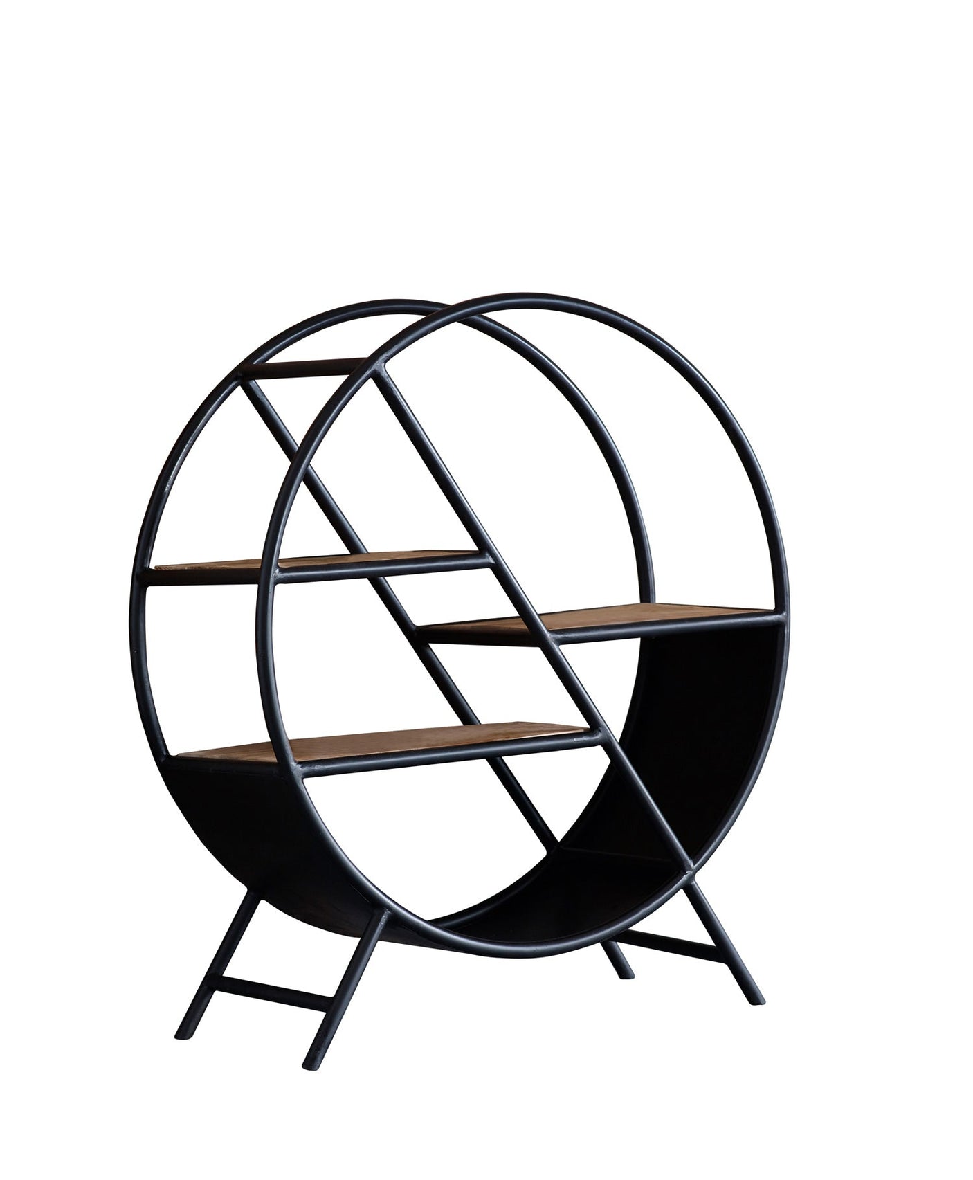 Cosmo Industrial Round Open Bookcase with wooden shelves and metal frame