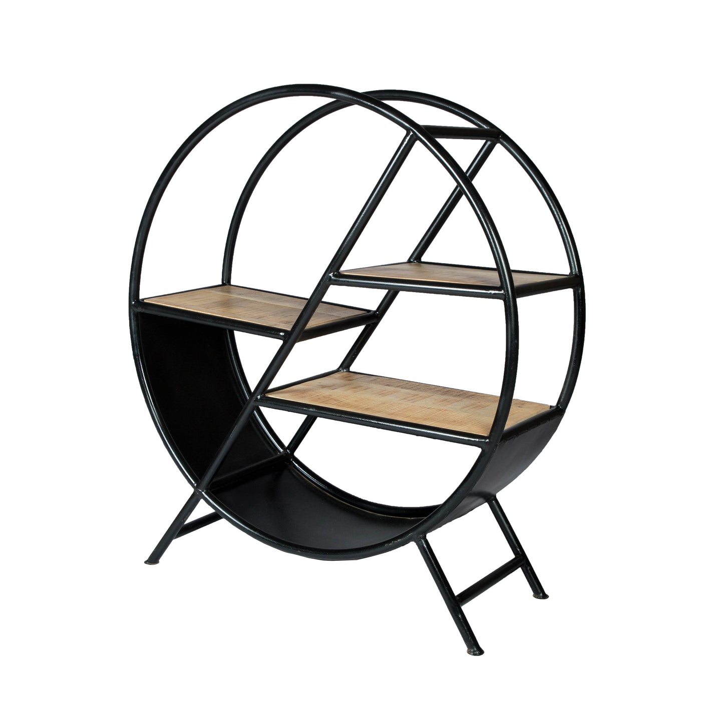Cosmo Industrial Round Open Bookcase with wooden shelves and metal frame