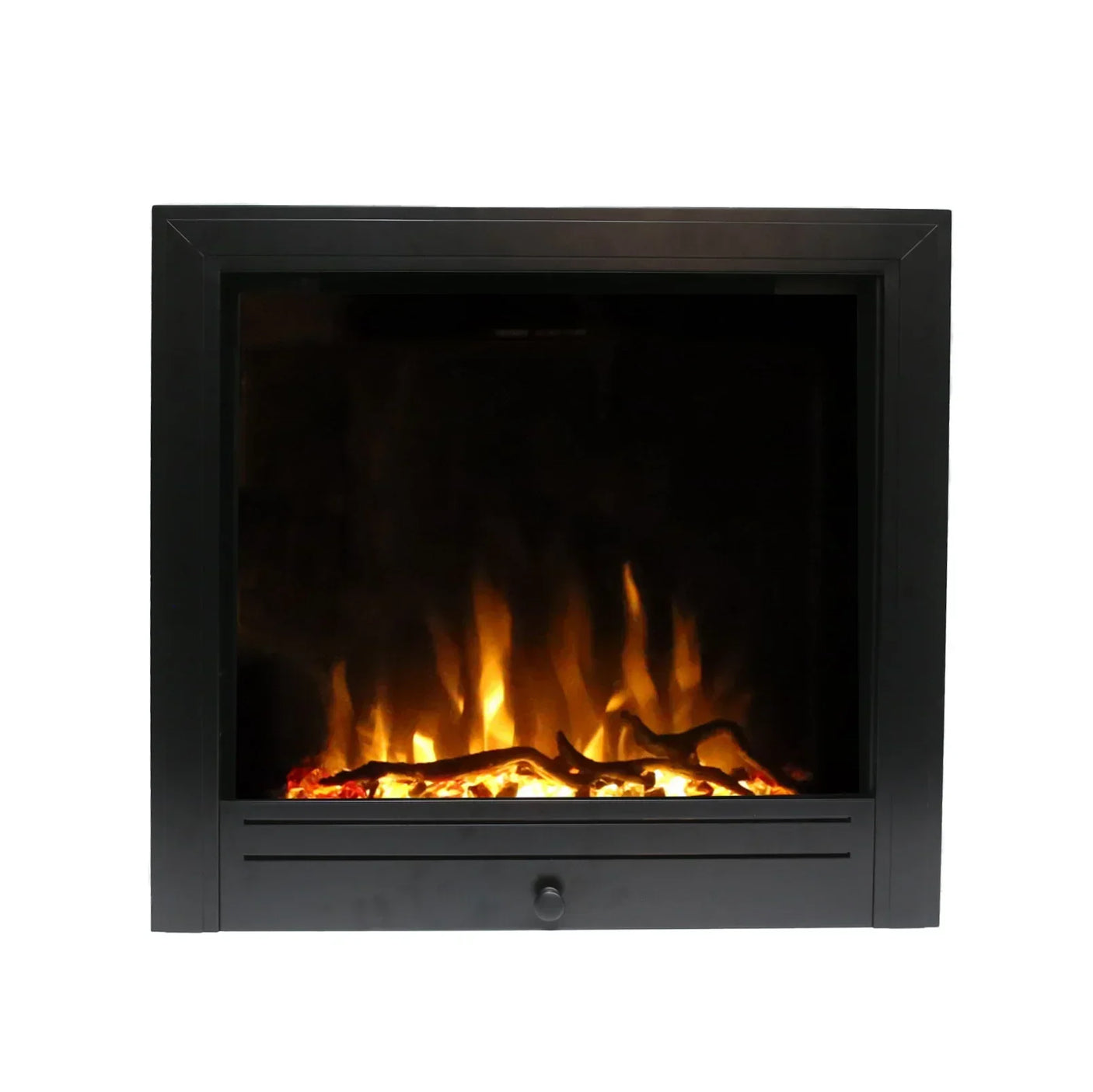 Electric fireplace with black frame and realistic flame effect front view