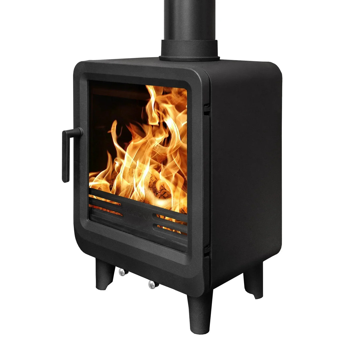black freestanding wood burning stove with visible flames and glass front door